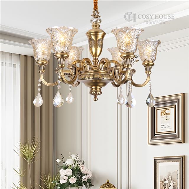 美式全铜吊灯D6601客厅餐厅灯水晶玻璃