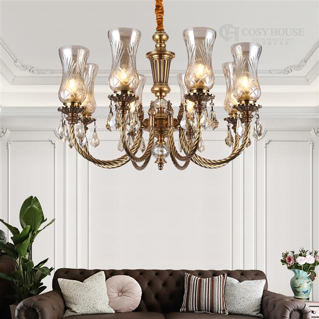 美式客厅吊灯全铜玻璃灯罩餐厅别墅复式高层
