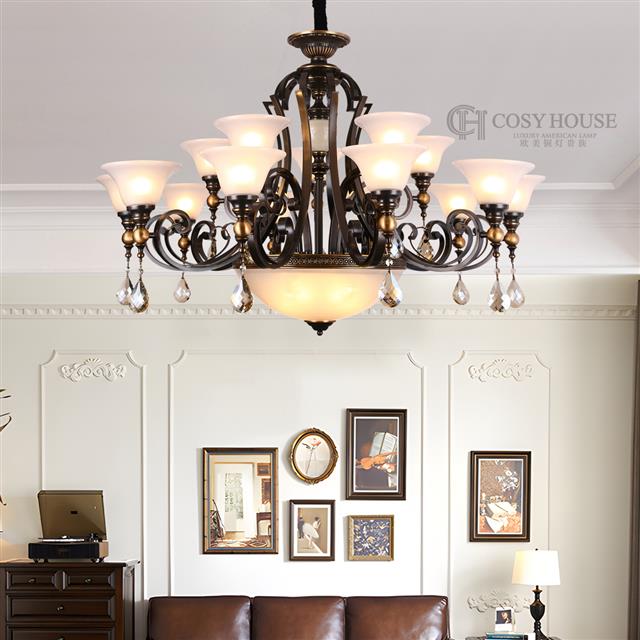 美式吊灯6631全铜黑擦金客厅餐厅别墅复