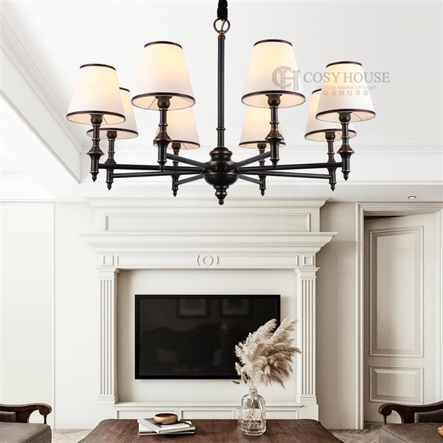 美式全铜吊灯6658黑色擦金简约布艺灯罩