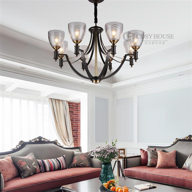 美式全铜吊灯简约客厅餐厅灯黑色擦金玻璃灯