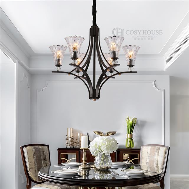 美式全铜吊灯6656轻奢黑色水晶玻璃客厅