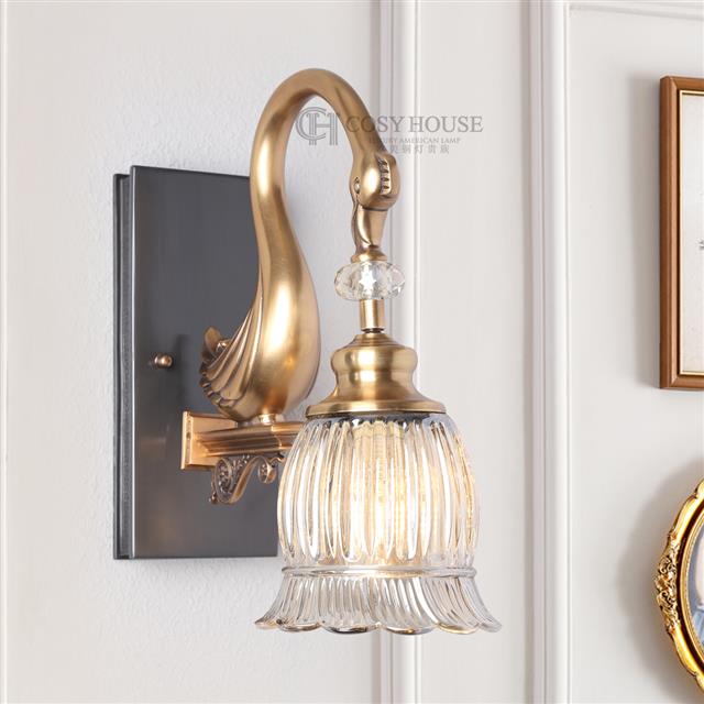 美式壁灯6629天鹅造型水晶玻璃灯罩卧室