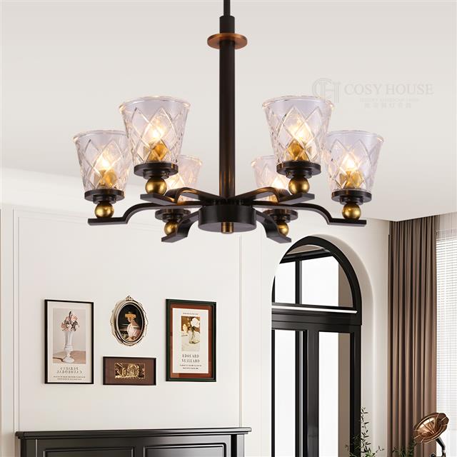 美式简约全铜水晶吊灯6663黑擦金玻璃灯