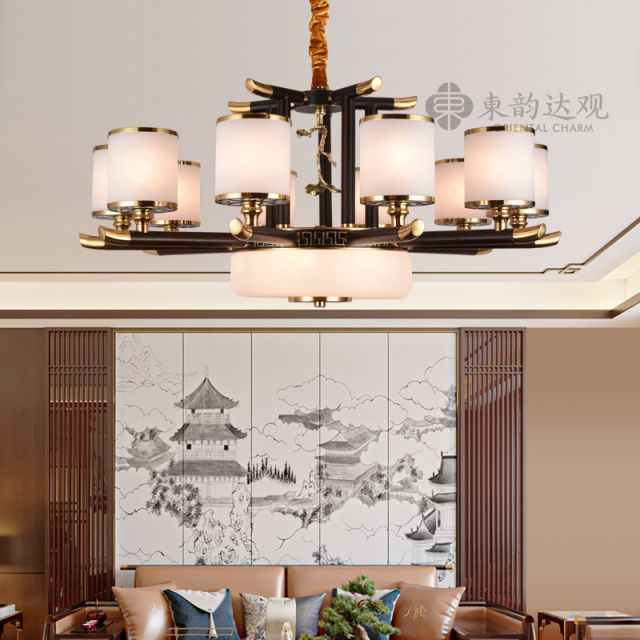 新中式全铜吊灯YP9521铜加木客厅餐厅