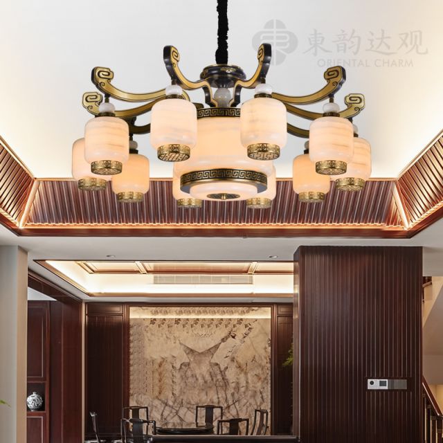 新中式玉石吊灯YP9689大气客厅全铜灯