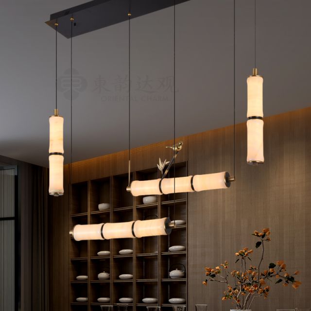 新中式全铜玉石吊灯9692竹节造型餐厅茶