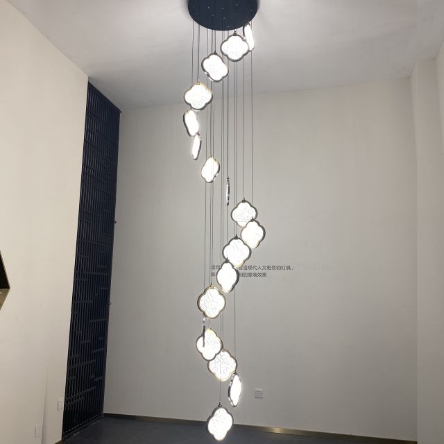 新中式水晶玻璃全铜黑擦金楼梯吊灯茶餐厅9