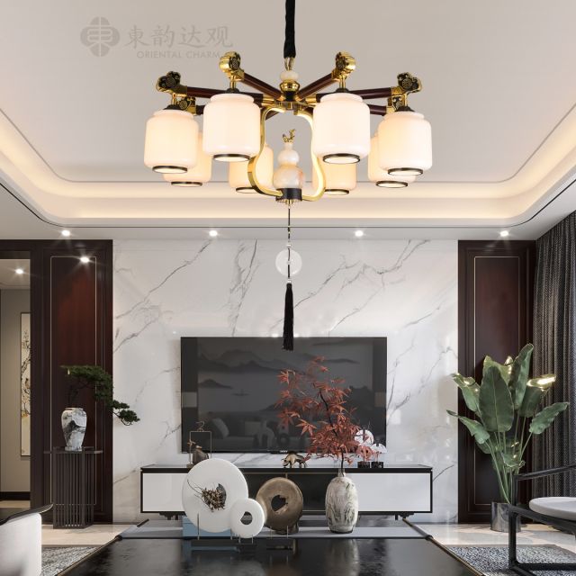 新中式吉祥如意9718客厅吊灯全铜玉石木