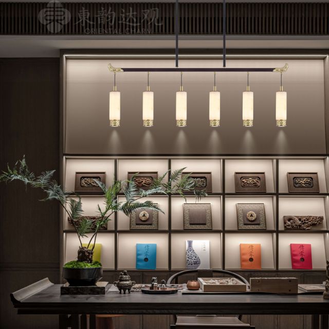 新中式全铜玉石吊灯9563长餐桌餐厅茶室