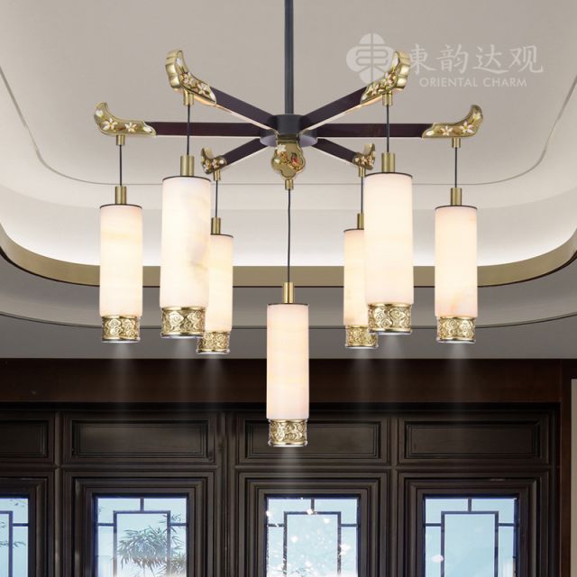 新中式全铜吊灯9563客厅餐厅玉石灯别墅