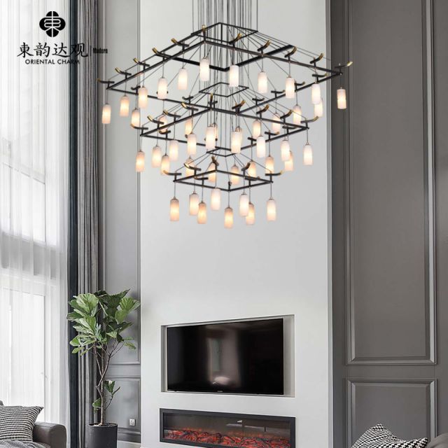 现代中式吊灯9308全铜黑擦金方形新中式