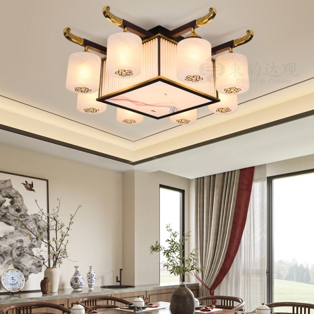 新中式全铜加木吸顶灯9539方形长餐桌卧