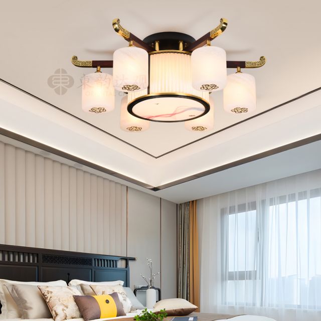 新中式全铜加木吸顶灯9539圆形餐厅卧室